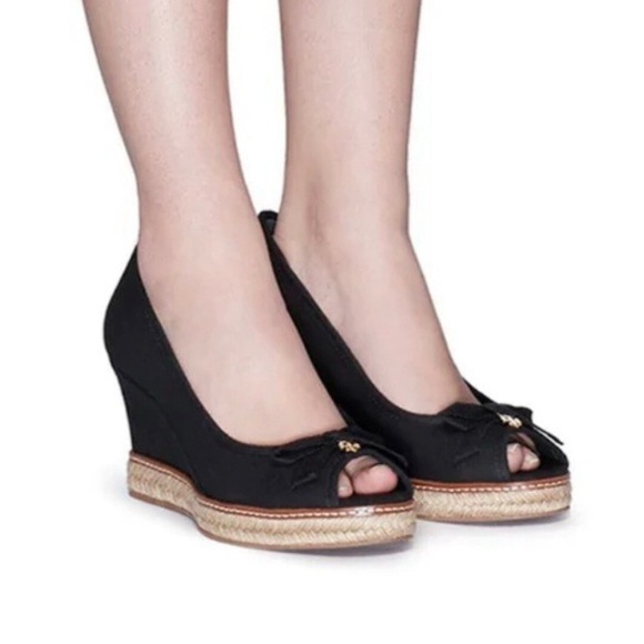 Tory Burch Jackie Bow Espadrille Peep-toe Wedges Size 10.5M - Picture 1 of 14